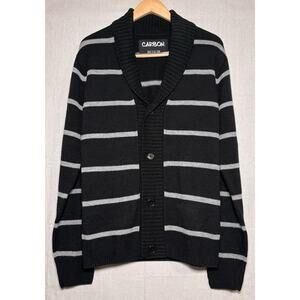 Carbon Mens Cardigan Cottage Sweater Black Gray Striped 4-Button‎ Mens Sz M